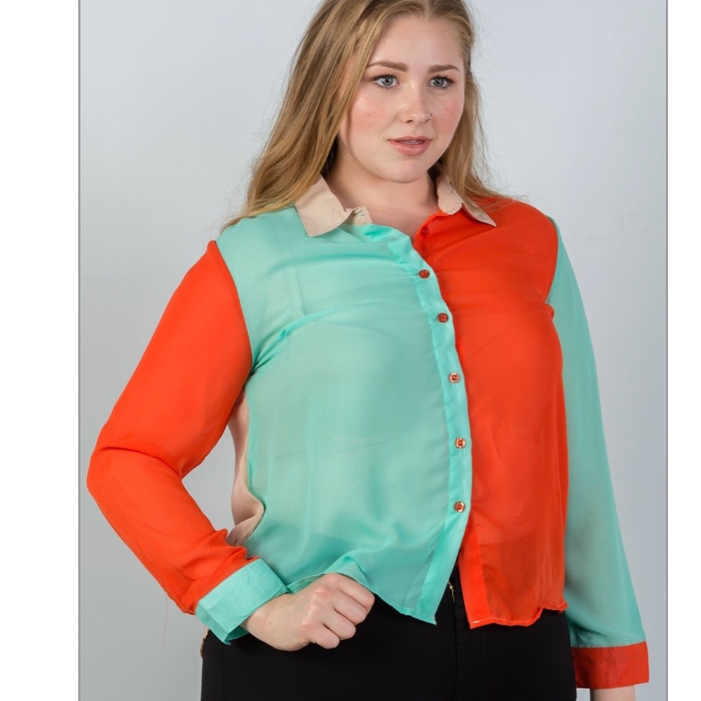Semi Sheer Colorblocked Orange Teal Blouse